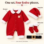 Four included pieces: romper, Santa hat, red socks and separate belt