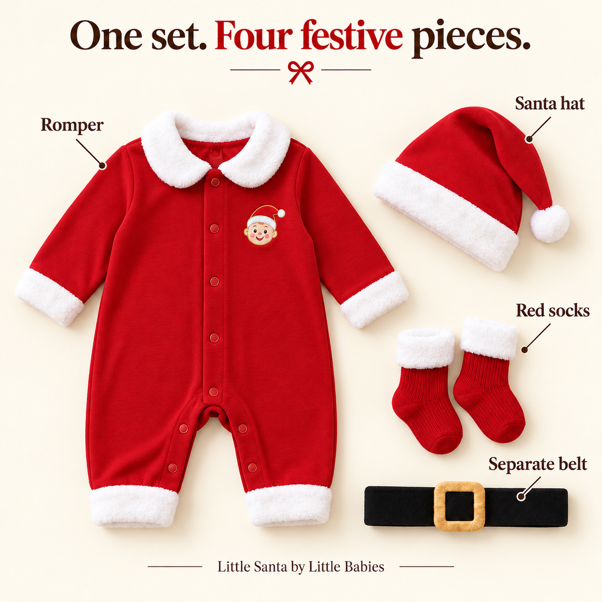 Four included pieces: romper, Santa hat, red socks and separate belt