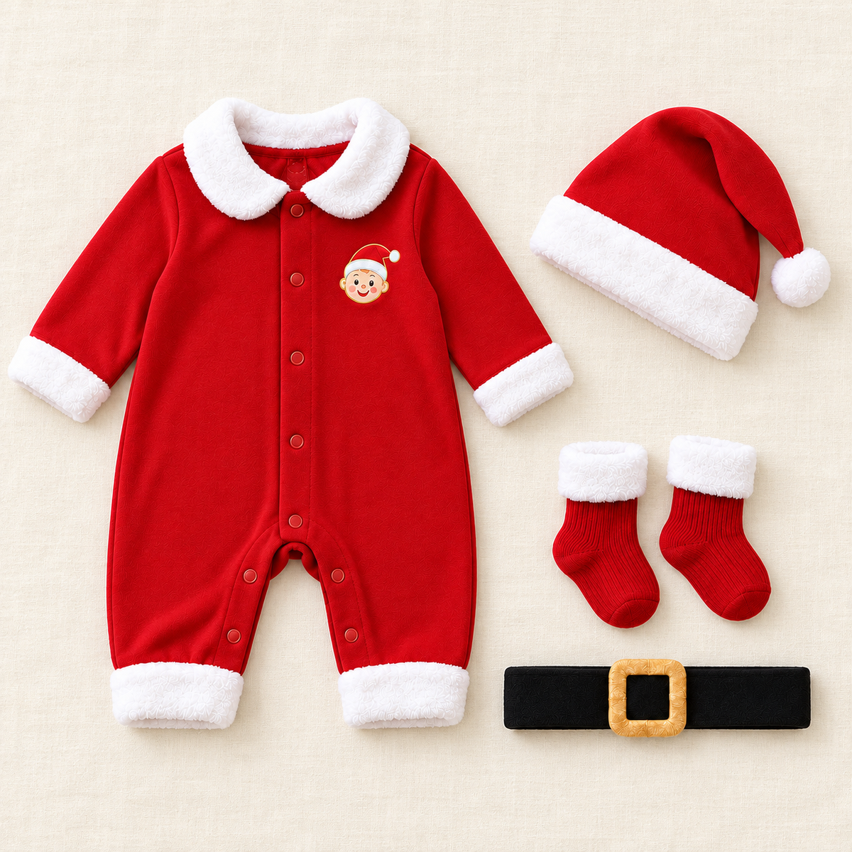 Little santa complete outfit flat lay — AI product visualization