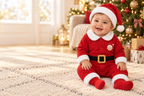 Little Santa four-piece outfit beside a Christmas tree — design visualization