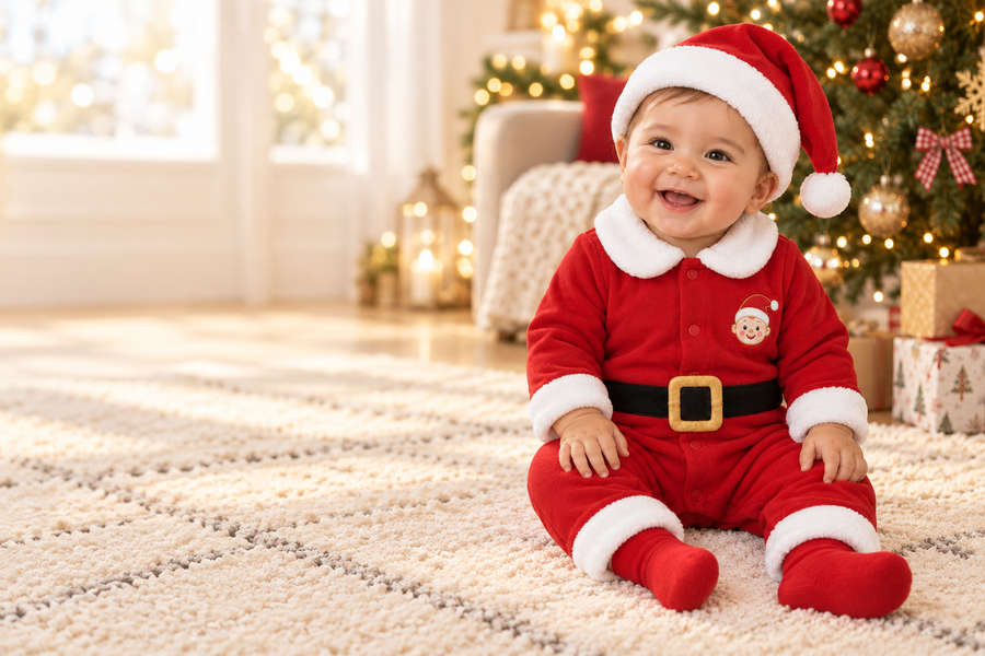 Little Santa four-piece outfit beside a Christmas tree — design visualization